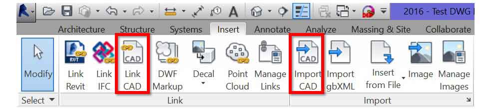 دستورات revit برای پیوند cad یا واردات dwg