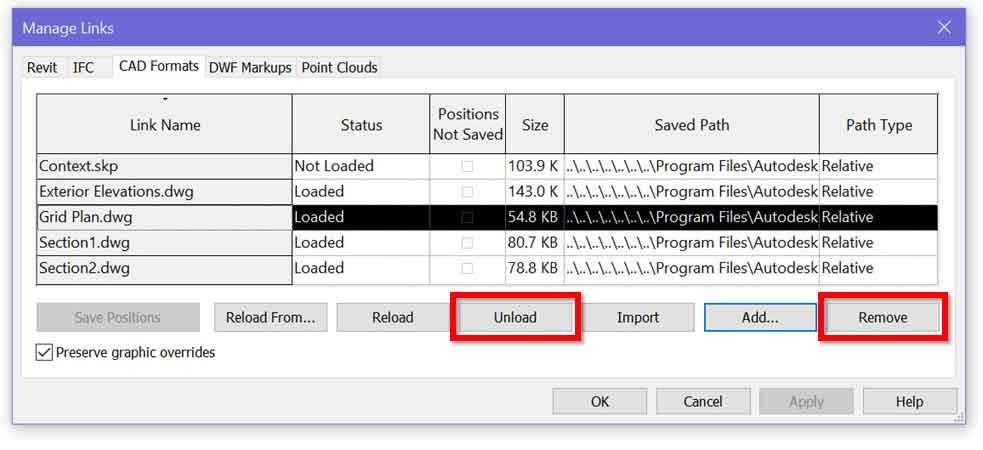 نحوه مدیریت بارگذاری مجدد و حذف لینک های dwg cad در revit