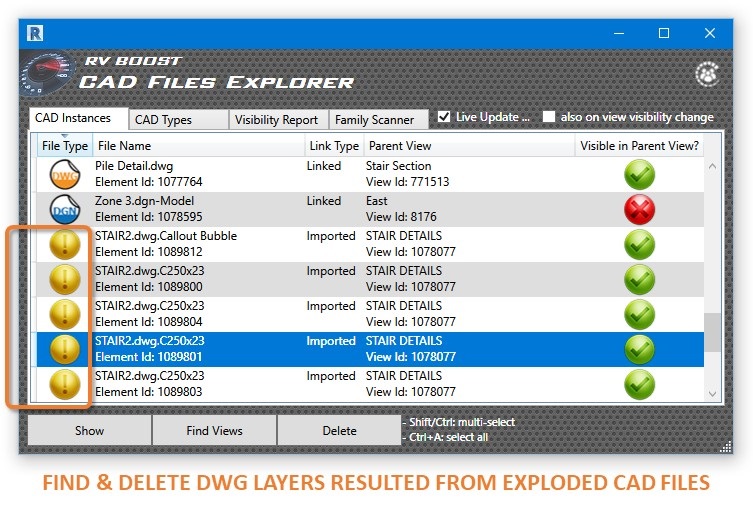 کاوشگر فایل های cad برای revit لایه های dwg منفجر شده را نشان می دهد