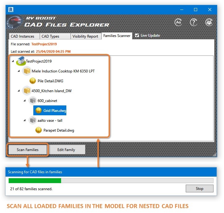 کاوشگر فایل cad در حال اسکن خانواده‌های revit برای یافتن فایل‌های dwg وارداتی