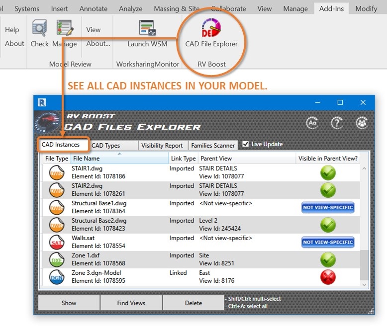 کاوشگر فایل های cad برای revit همه نمونه های dwg را در مدل نشان می دهد