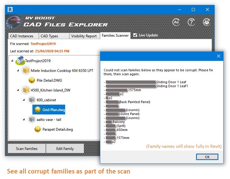 کاوشگر فایل cad فایل‌های dwg وارداتی موجود در خانواده‌های revit را نشان می‌دهد