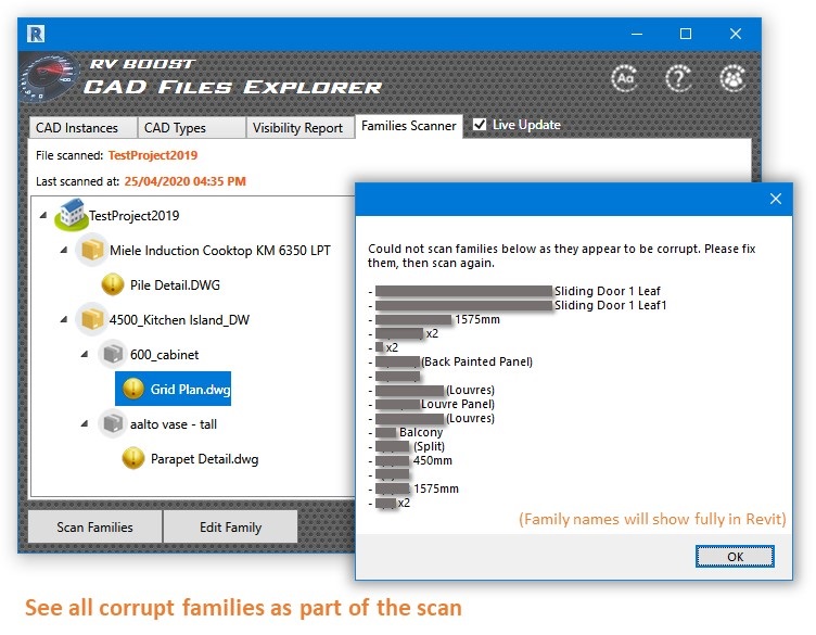 کاوشگر فایل های cad برای revit پس از یافتن dwg، خانواده های فاسد را لیست می کند